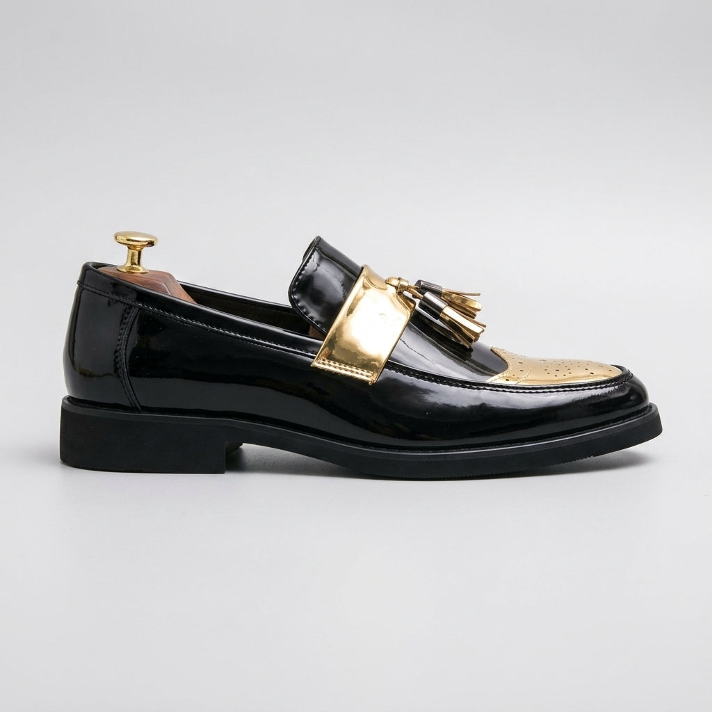 Men's Leather Glossy Tassel Platform Loafers - Rubber Sole Slip-On Dress Shoes