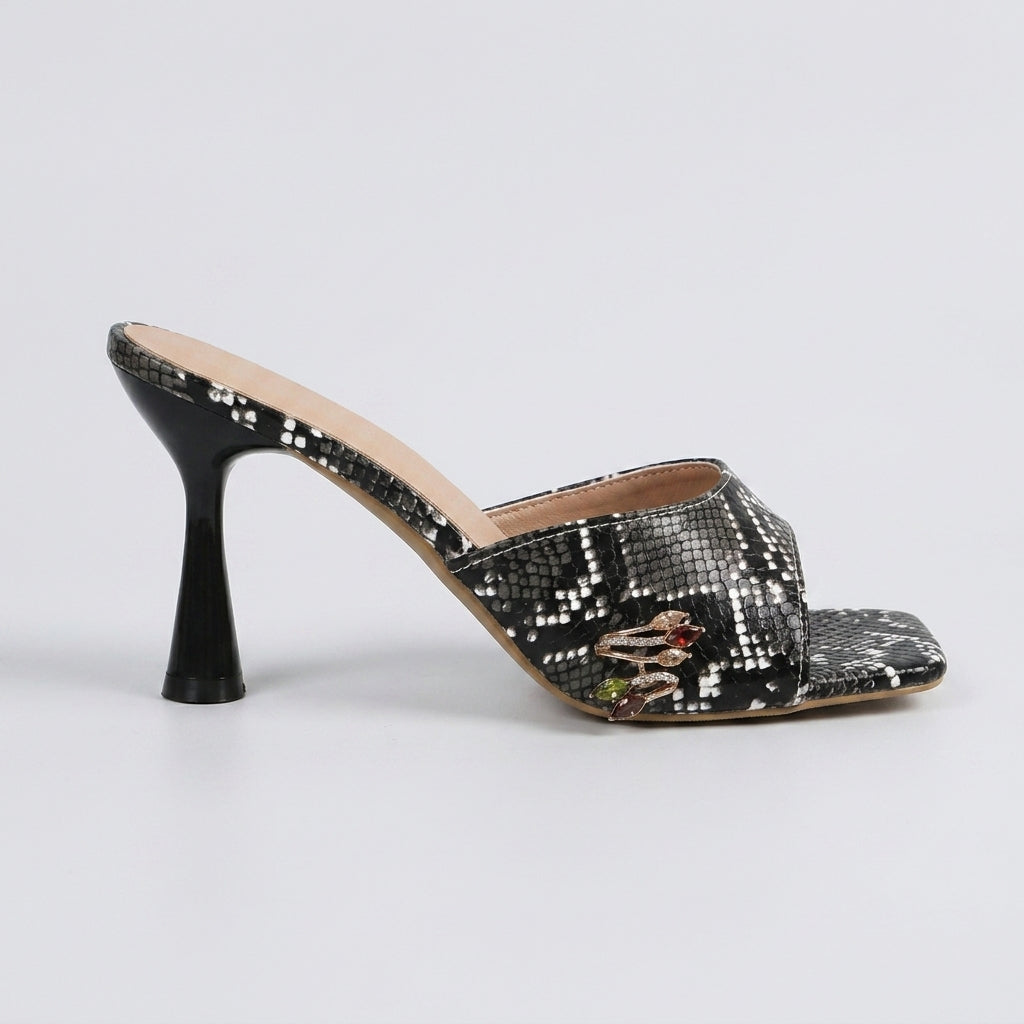 Women's Animal Print Square Toe Slide Heels with Flared Stiletto