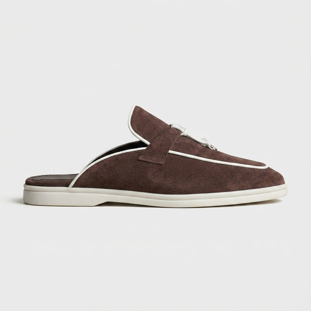 Women's Suede Backless Loafers with Rounded Toe and Metal Tassel Detail