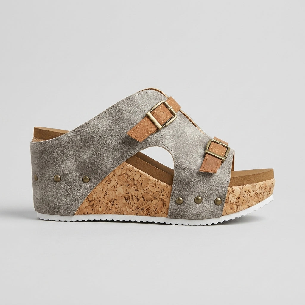 Women's Platform Sandals Cork Wedge Buckle Straps Open-Toe
