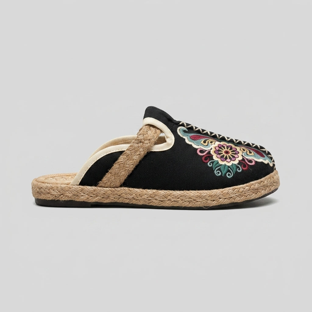 Women's Embroidered Slip-On Mules with Flat Espadrille Sole