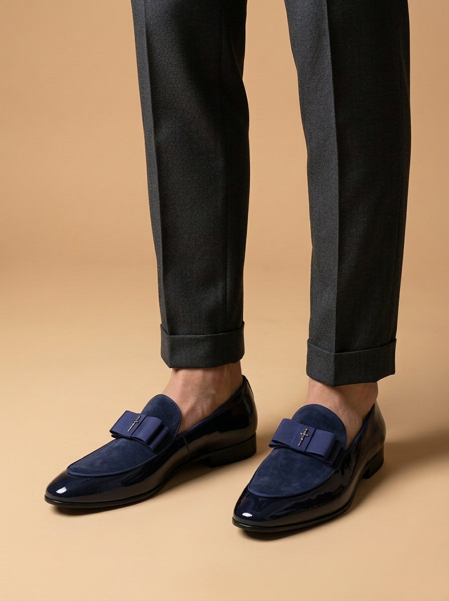 Men's Dress Loafers – Slip-On Round Toe with Suede Panel and Bow Detail