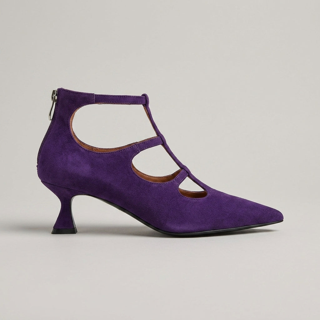 Women's Heels - Pointed Toe - Kitten Heel - Ankle Strap Cutout