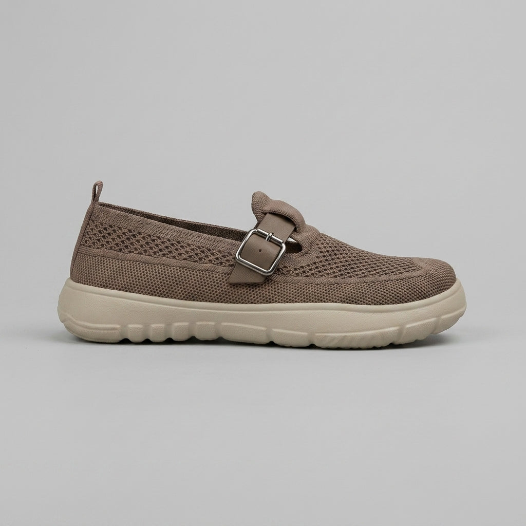 Women's Flats - Mesh Knit Mary Jane Buckle Strap Slip-On