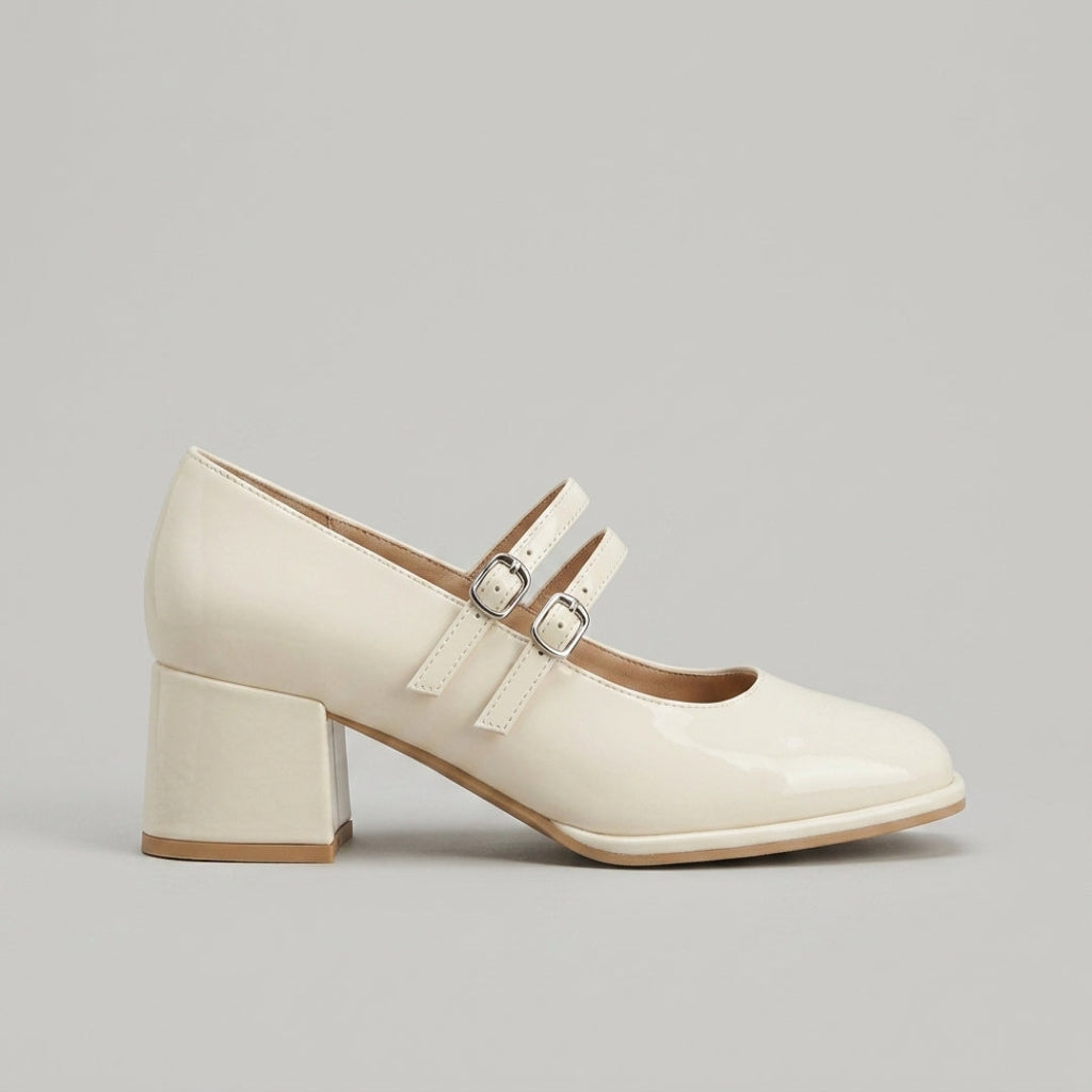 Women's Mary Jane Leather Heels - Double-Strap Block Heel Pumps