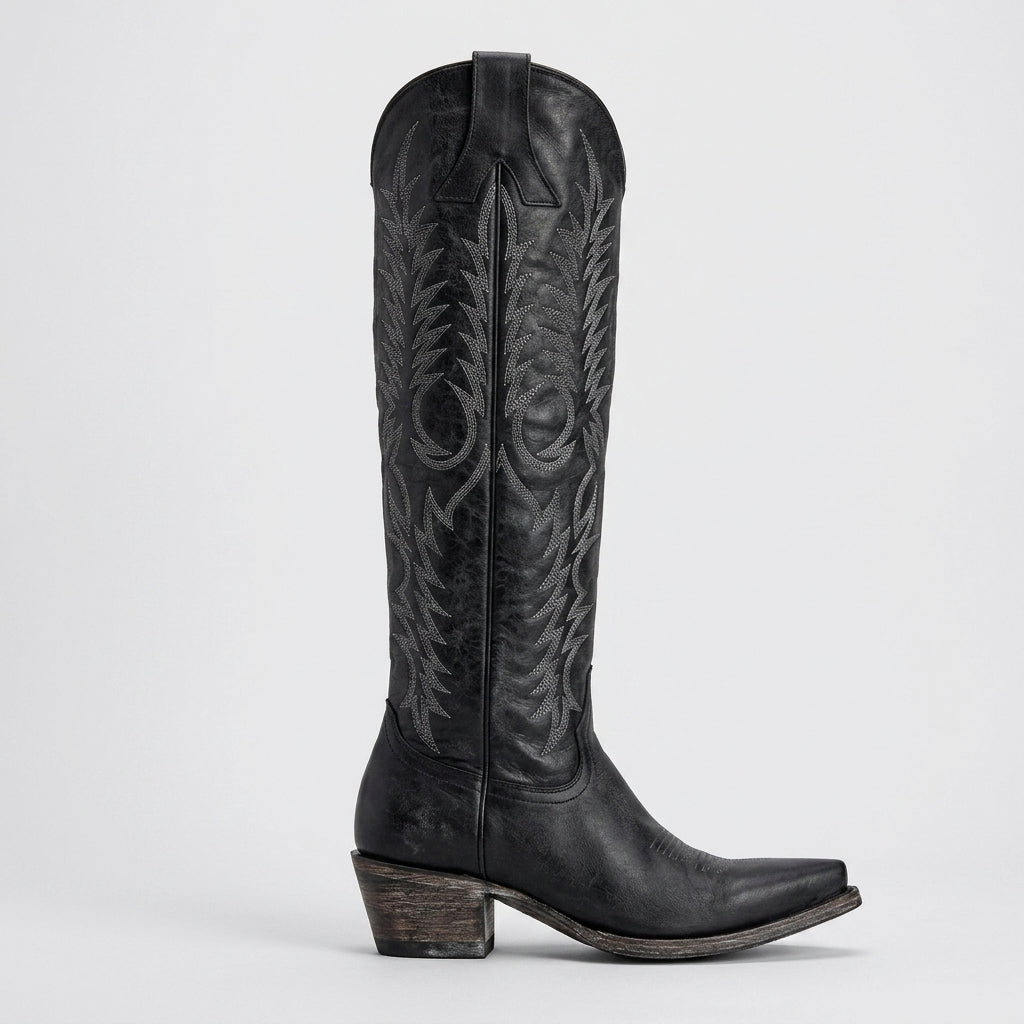 Women's Boots Over-the-Knee Embroidered Lace-Up Back Western