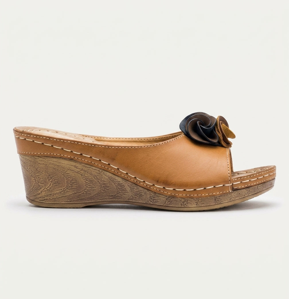Women's Wedge Sandals Open-Toe Leather Rosette Detail