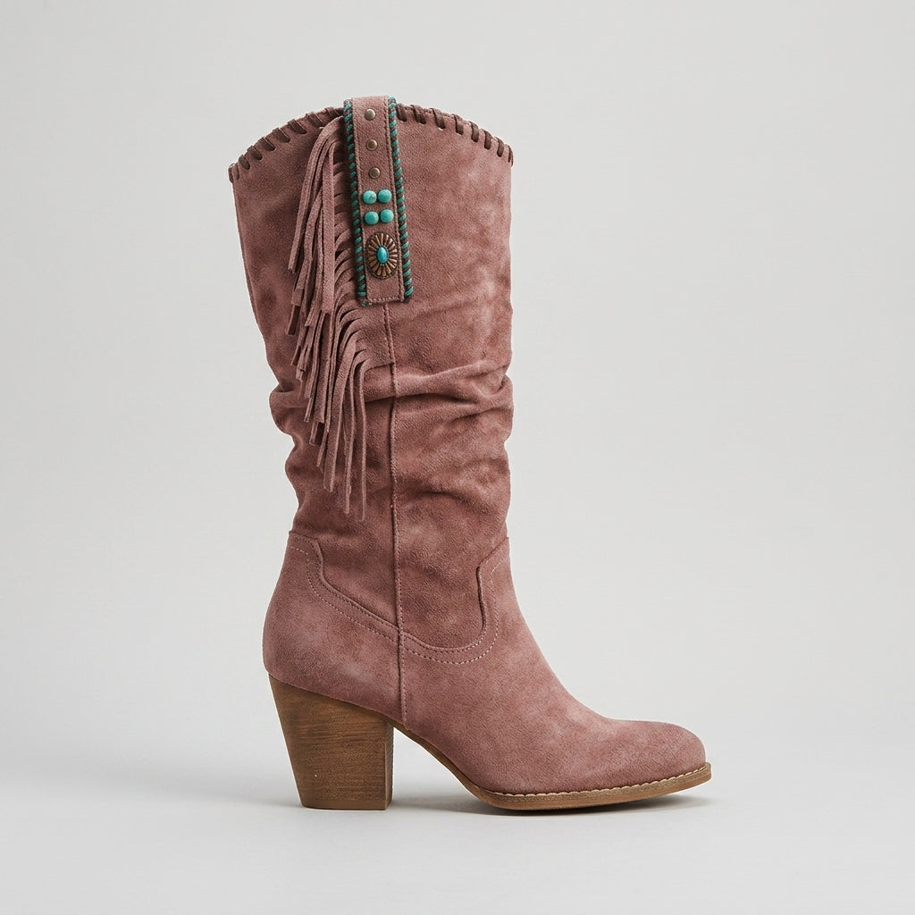 Women's Knee High Boots - Fringe Detail - Block Heel - Suede