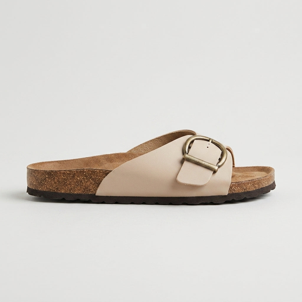 Women's Open Toe Slide Sandals with Oversized Buckle and Cork Footbed