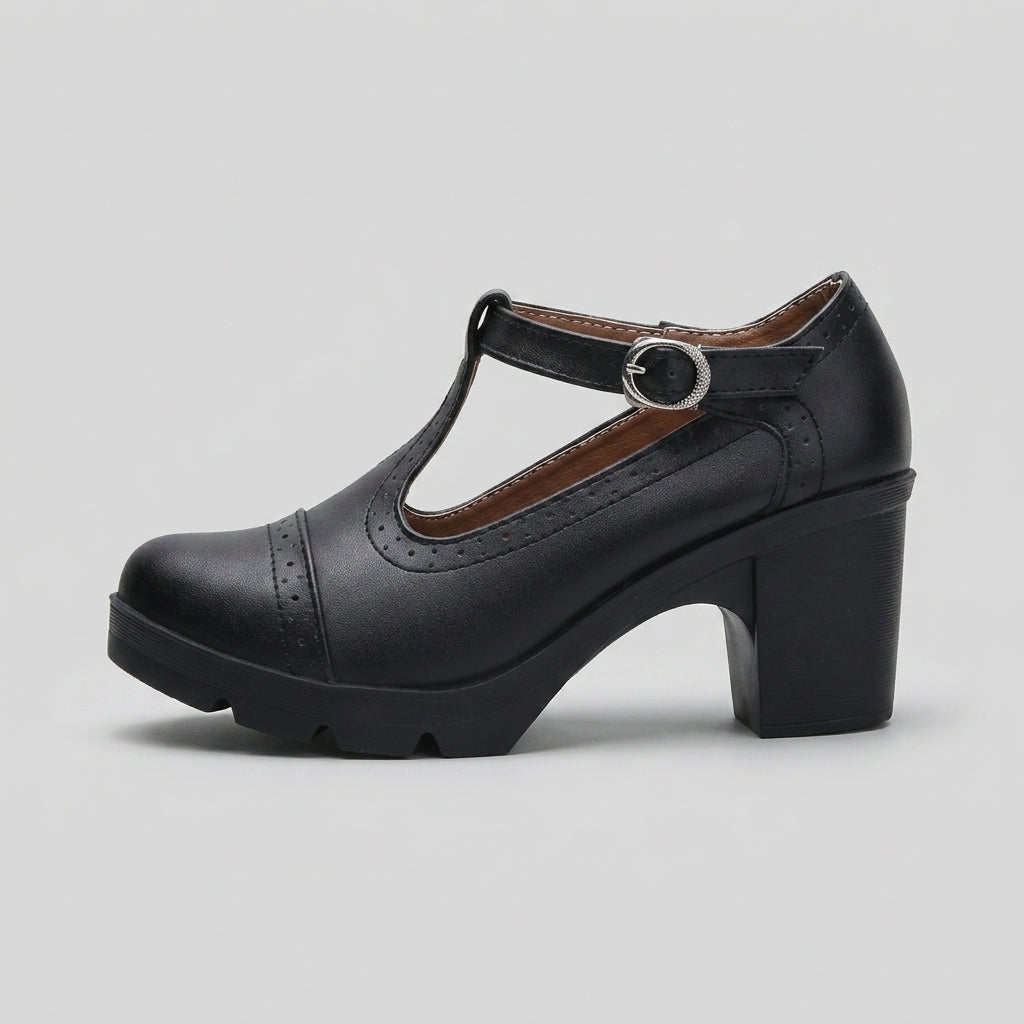 Women's Mary Jane Heels T-Strap Brogue Block Heel Buckle Closure
