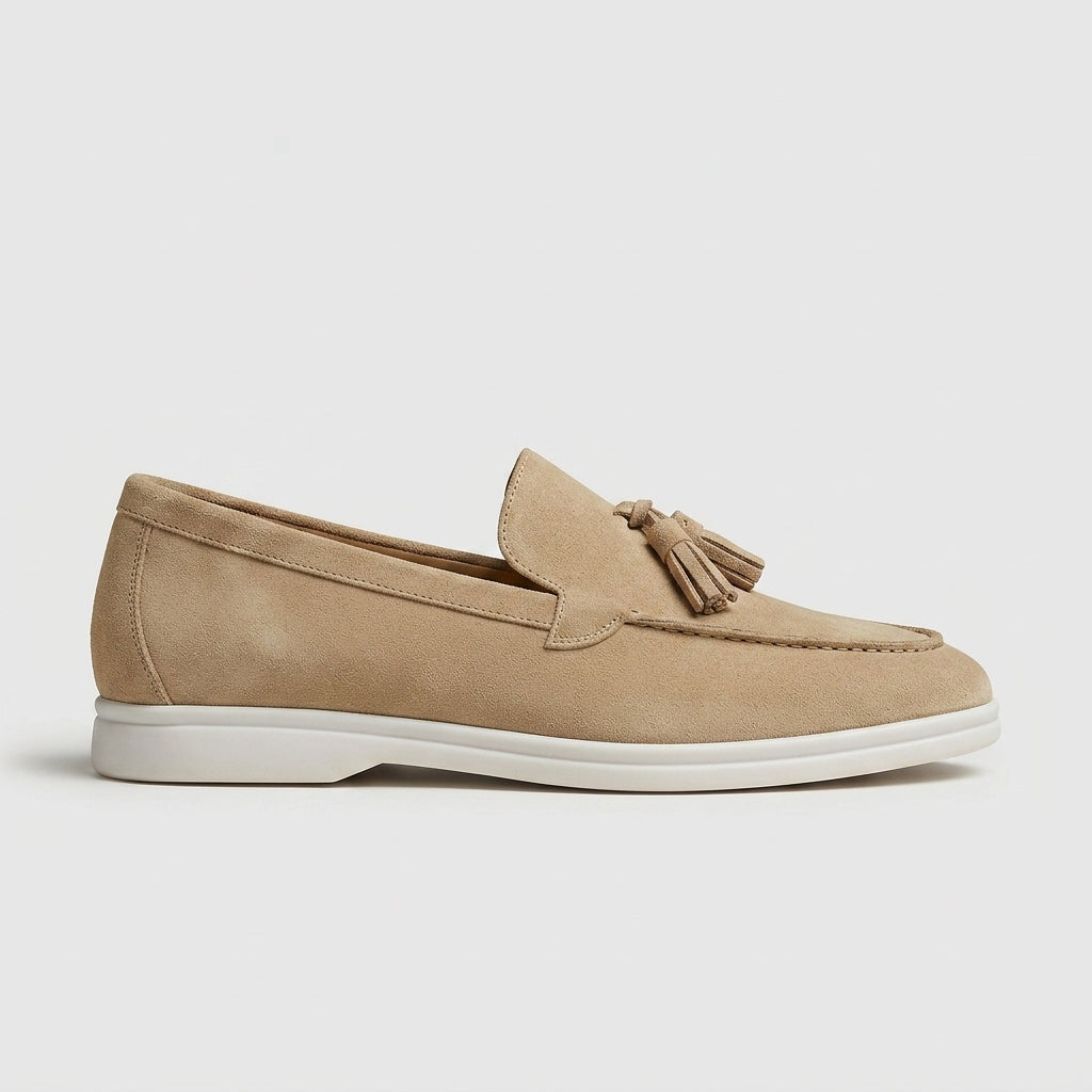 Men's Tassel Loafers Slip-On Suede Moc-Toe White Sole