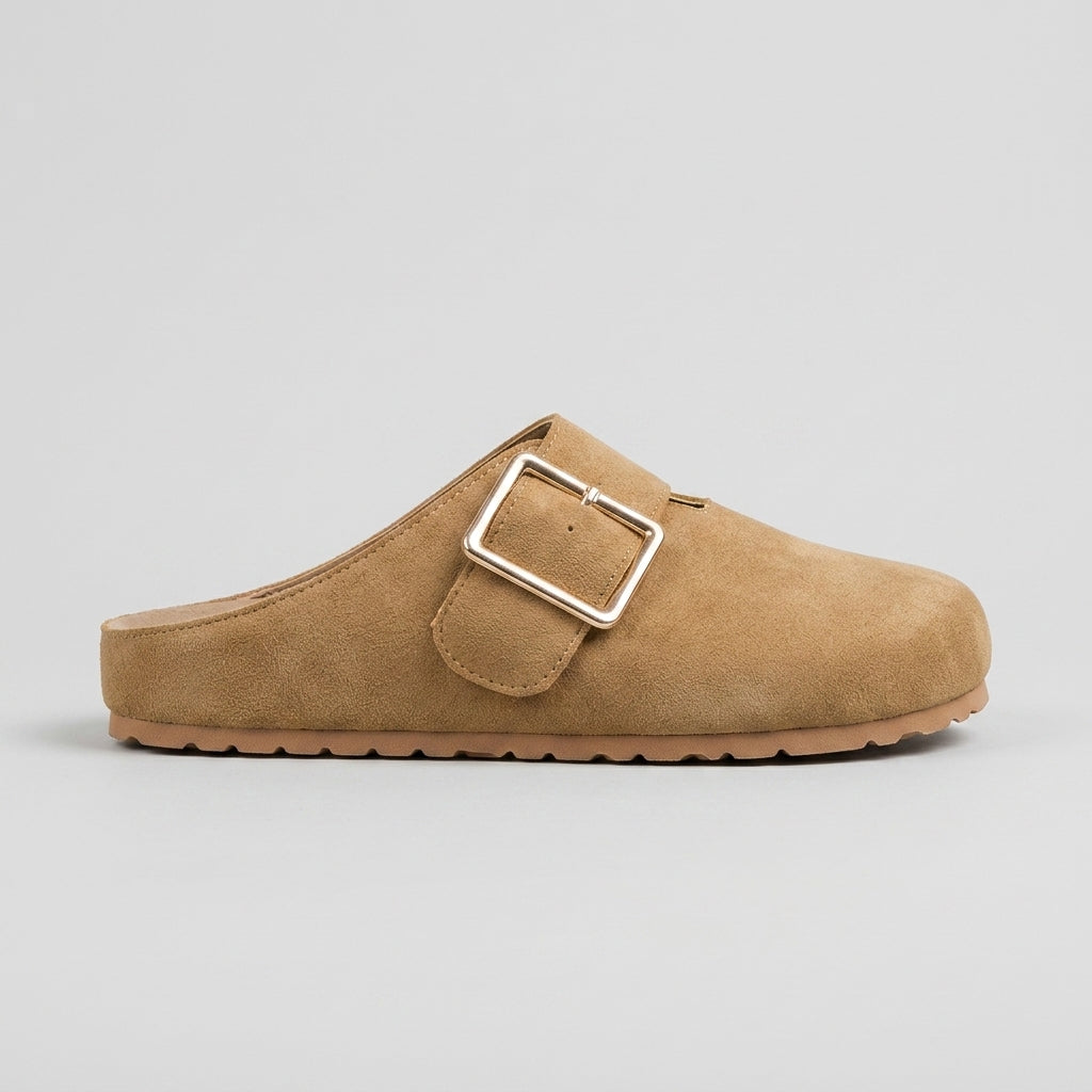 Women's Slip-On Mules Round Toe Buckle Strap Flat Sole