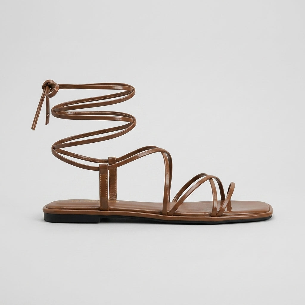 Women's Lace-Up Flat Strappy Sandals - Square Toe - Multi-Strap Ankle Wrap - Zip