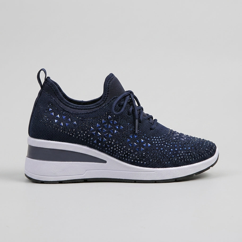 Women's Knit Lace-Up Sneakers - Rhinestone Detail With Wedge Sole