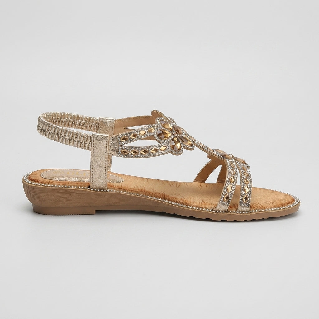 Women's Sandals T-Strap Beaded Elastic Slingback Low Wedge
