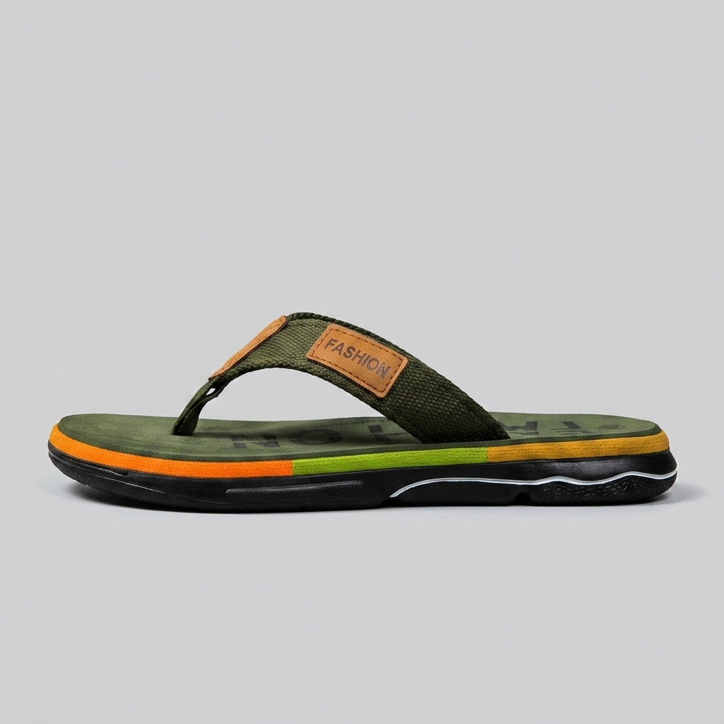 Men's Thong Flip Flop Sandals with Striped Sole and Logo Patch