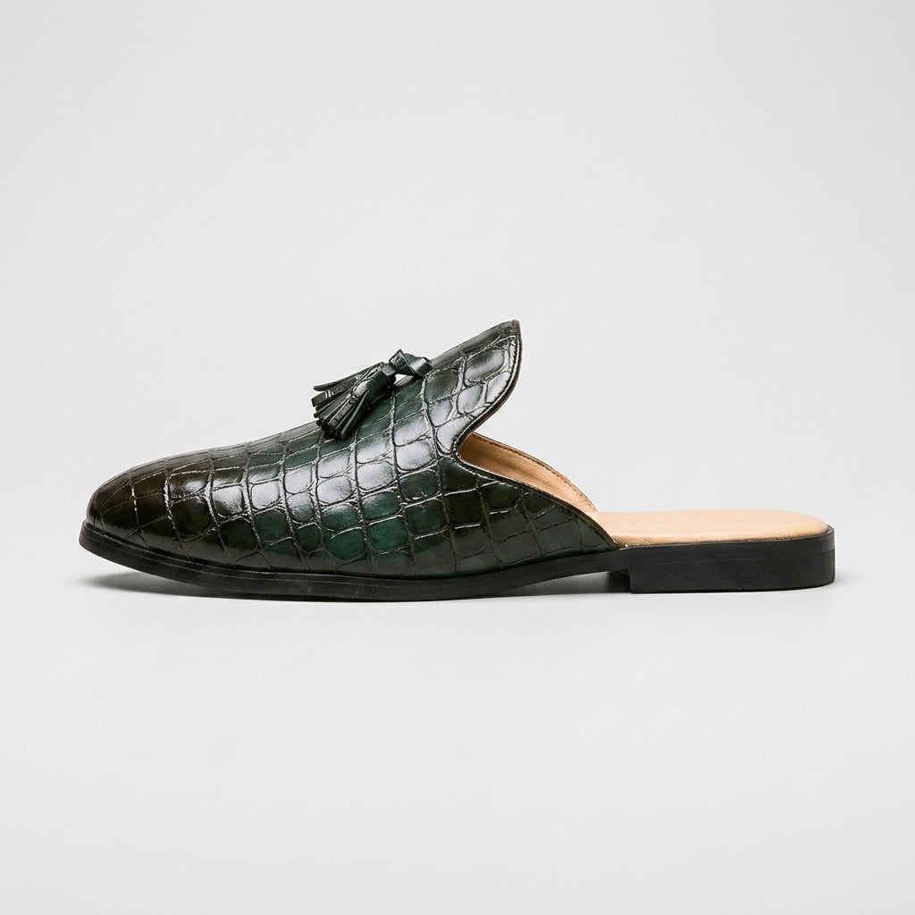 Men’s Croc-Embossed Leather Slip-On Mule Loafers - Tassel Detail