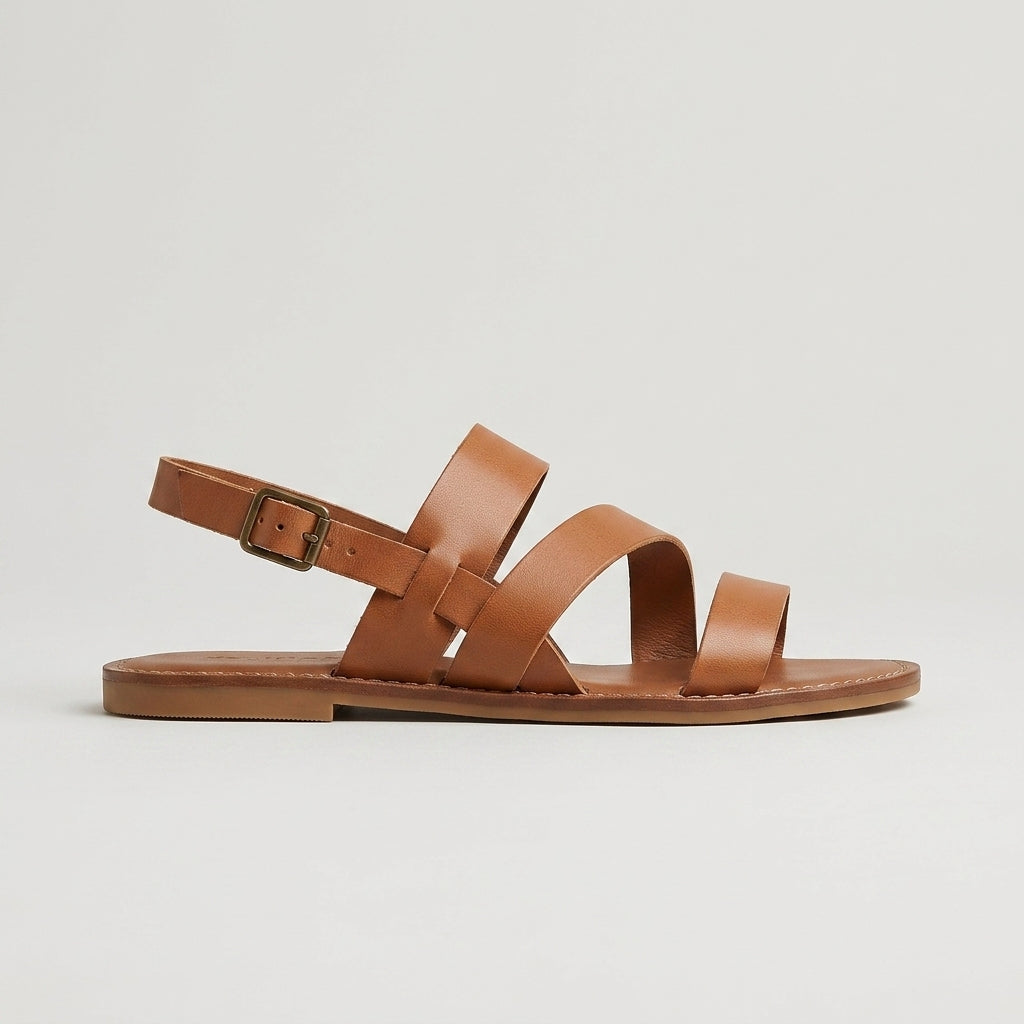 Women's Multi-Strappy Flat Sandals - Open Toe - Ankle Buckle - Contrast Stitch