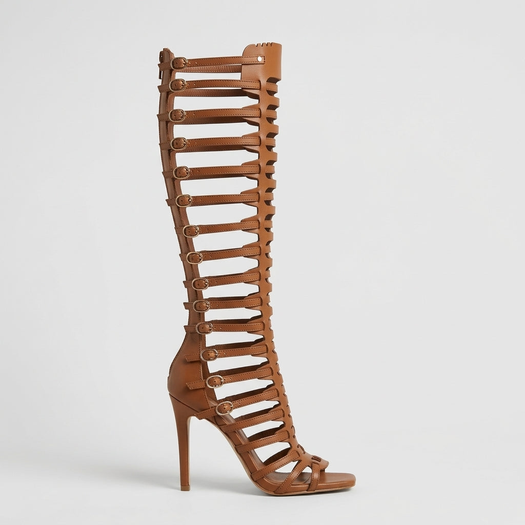 Women's Knee-High Gladiator Heeled Sandals - Open Toe Stiletto Heel