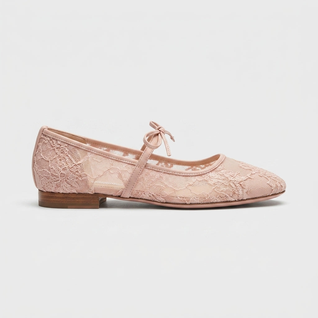 Women’s Mesh Mary Jane Flats - Sheer Panel Design - Bow Detail with Flat Sole