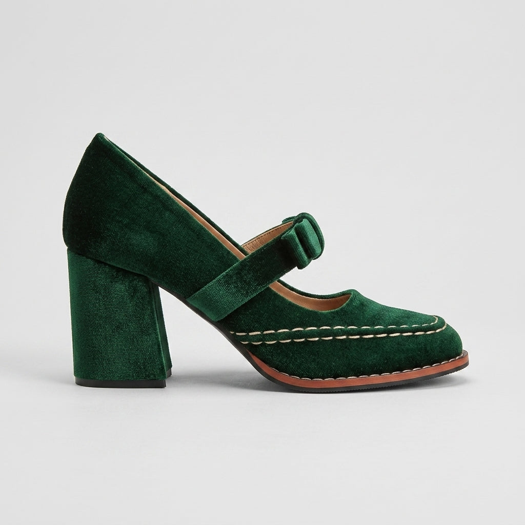 Women's Mary Jane Heels Velvet Block Heel Adjustable Bow Strap