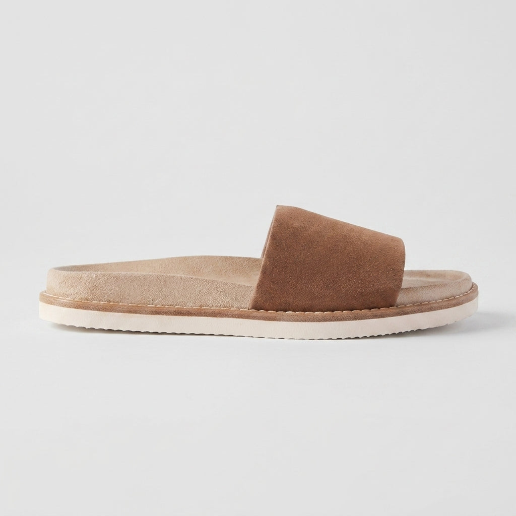 Men's Suede Slide Sandals with Wide Strap and Stitched Trim