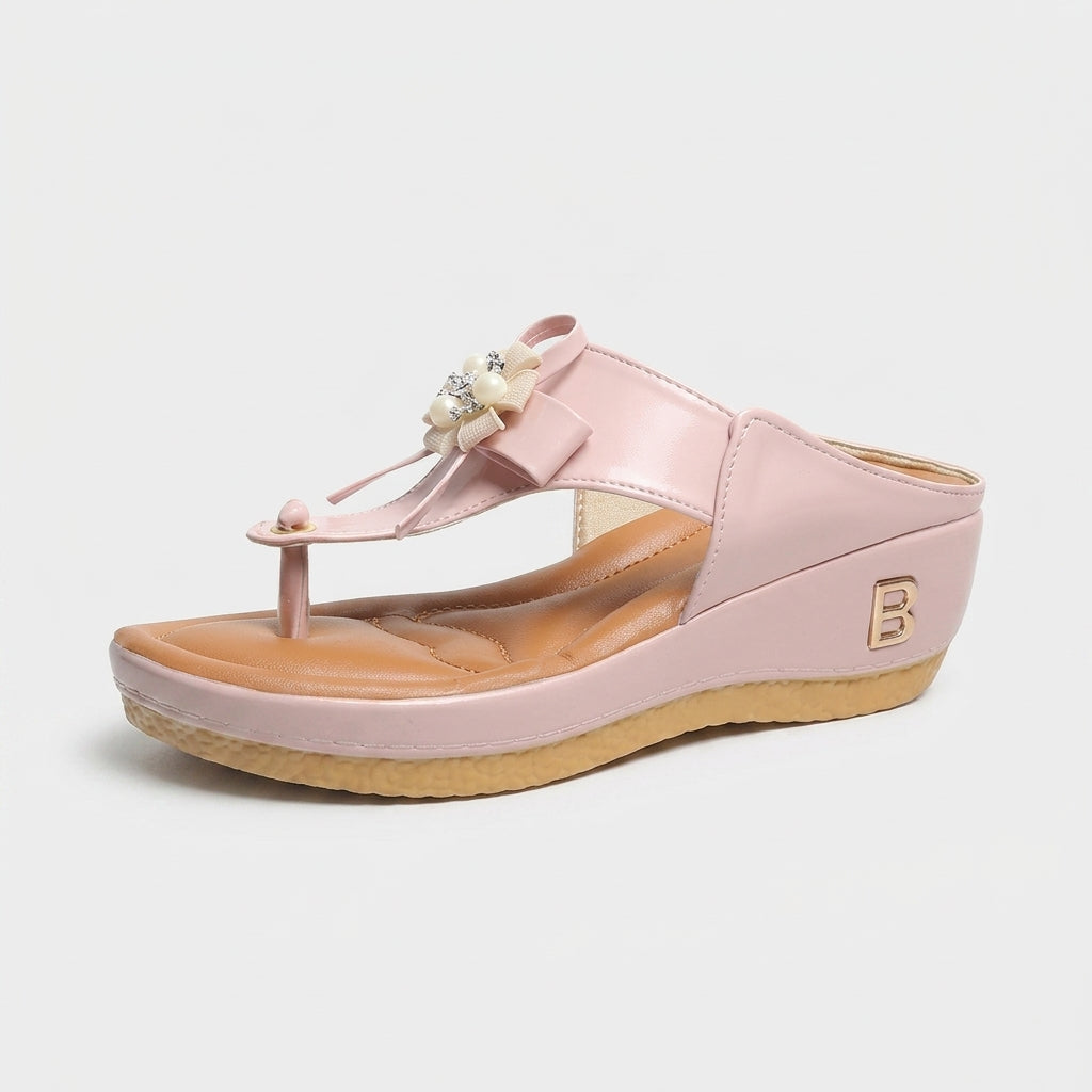 Women's Wedge Thong Sandals with Bow and Pearl Embellishment
