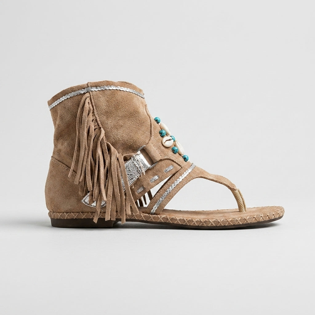 Women's Cowboy Fringe Thong Sandals with Beaded Ankle Cuff and Flat Sole