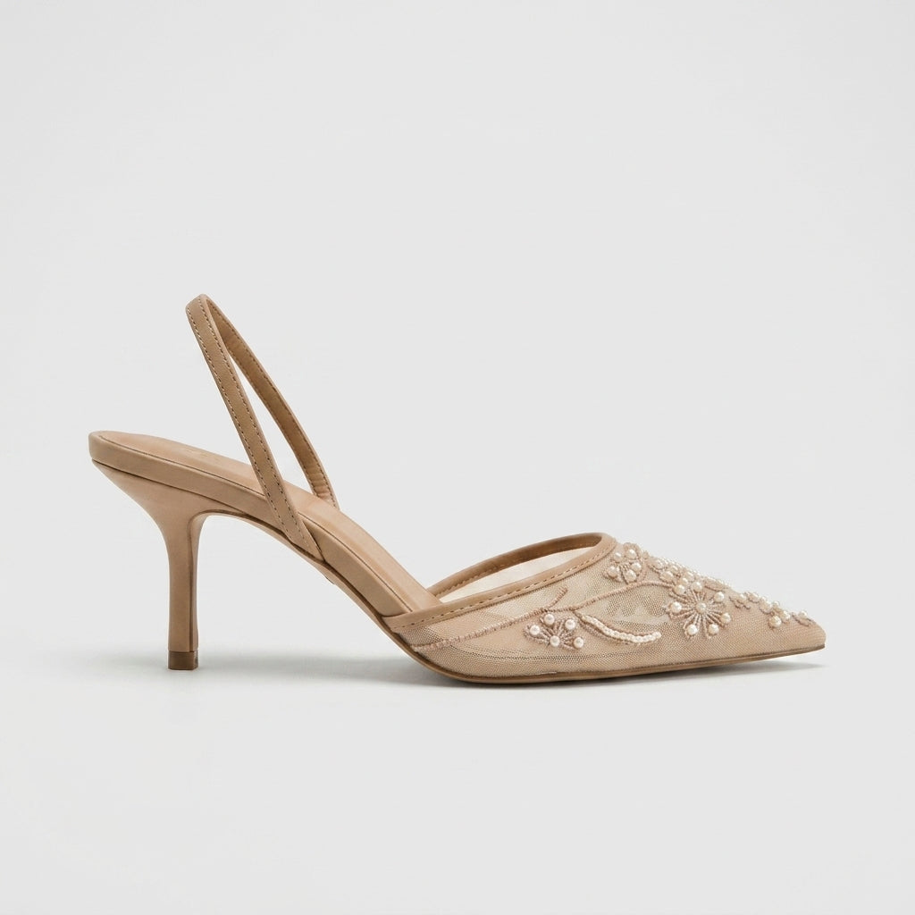 Women's Kitten Heels - Embroidered Mesh Pointed Toe - Slingback
