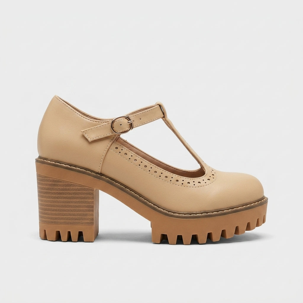 Women's Heels T-Bar Block Heel Brogue Leather Oxford Style