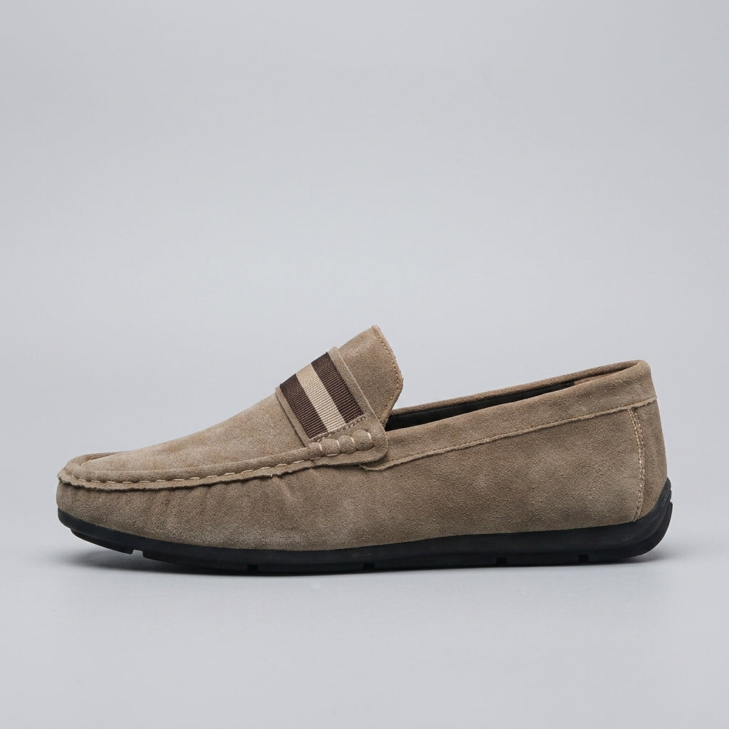 Men's Suede Slip-On Loafers with Moc Toe and Woven Strap Detail