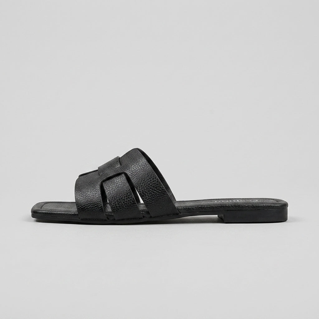 Women's Square Toe Slide Sandals with Woven Strap and Low Heel