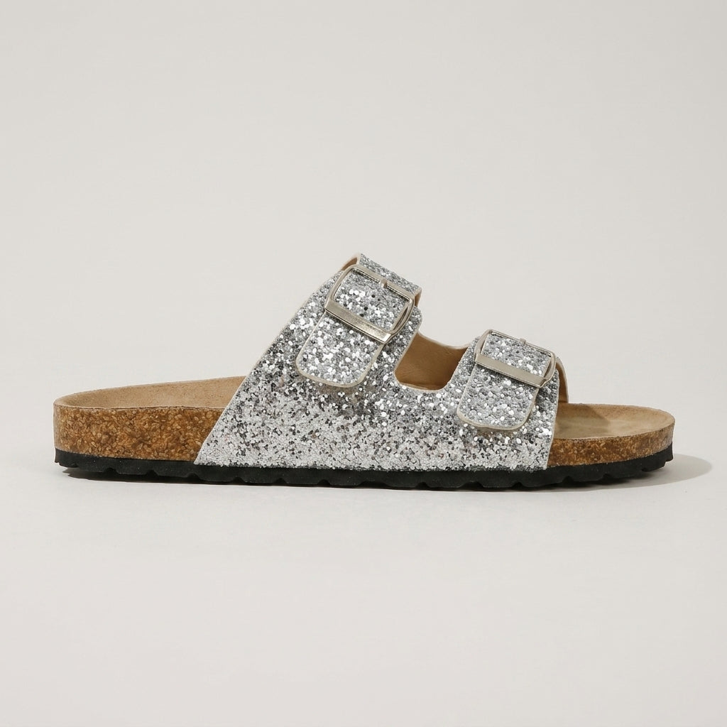 Women's Sandals Flat Double-Buckle Glitter Slide Open Toe