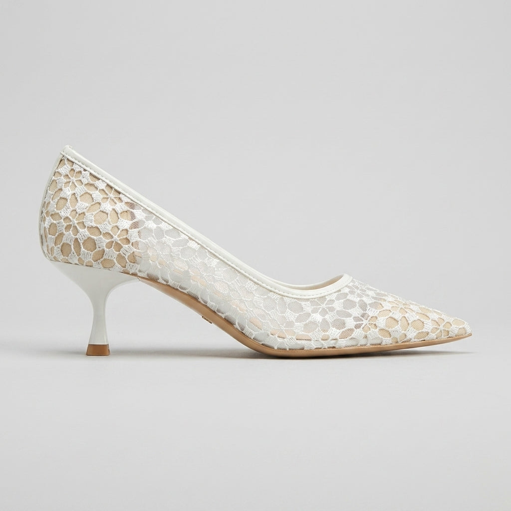 Women's Kitten Heels Pointed Toe Lace Slip-On Pumps