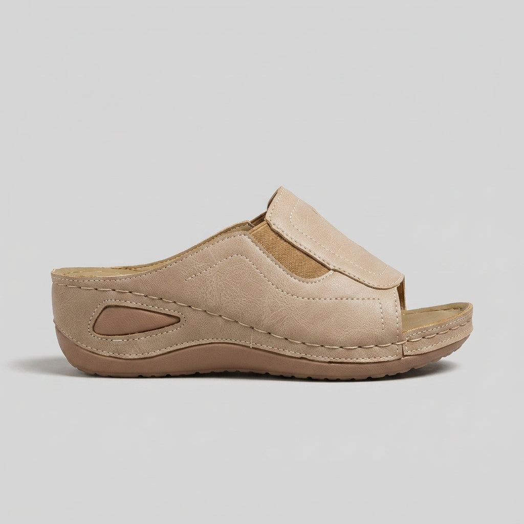 Women's Wedge Sandals - Open Toe Slide with Topstitch Detail and Cutouts