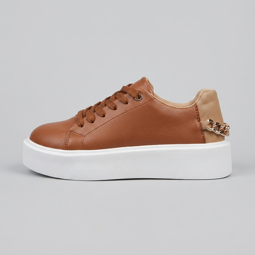 Women's Platform Sneakers - Lace-Up Low-Top - Chain Detail
