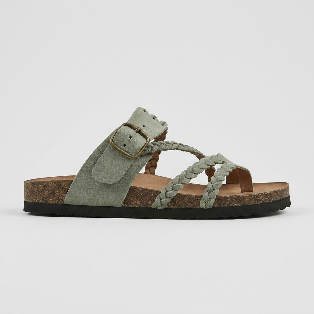 Women's Braided Strappy Sandals with Buckle Closure and Toe Loop