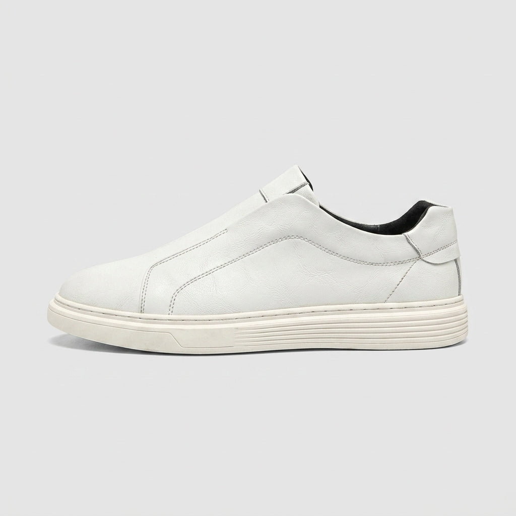Men's Leather Slip-On Sneakers with Round Toe and Ridged Sole