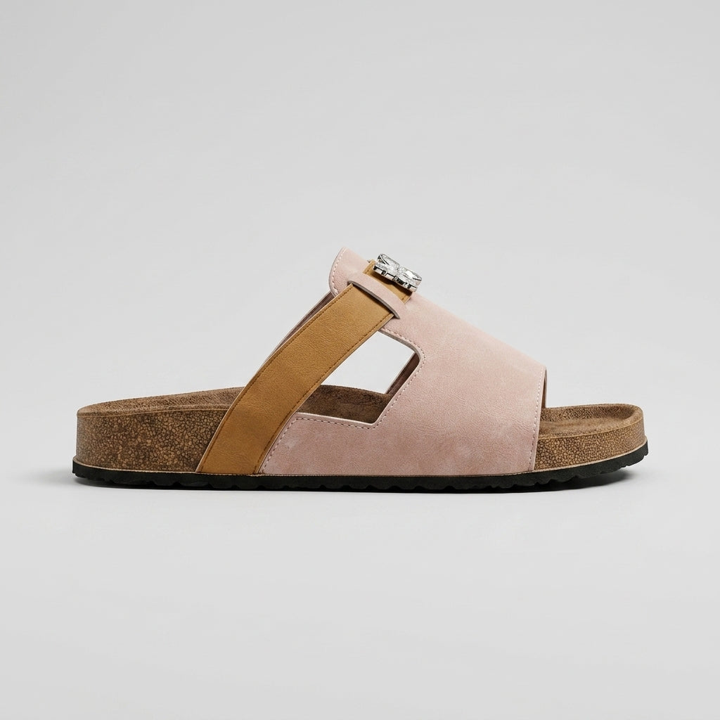 Women's Open Toe Slide Sandals with Two-Tone Strap and Butterfly Charm