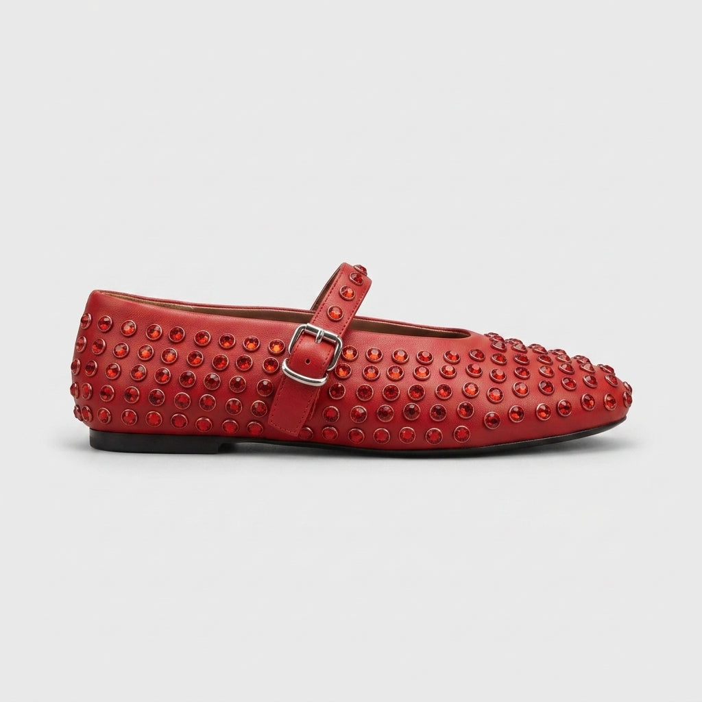 Women's Mary Jane Studded Crystal Embellished Ballet Flats