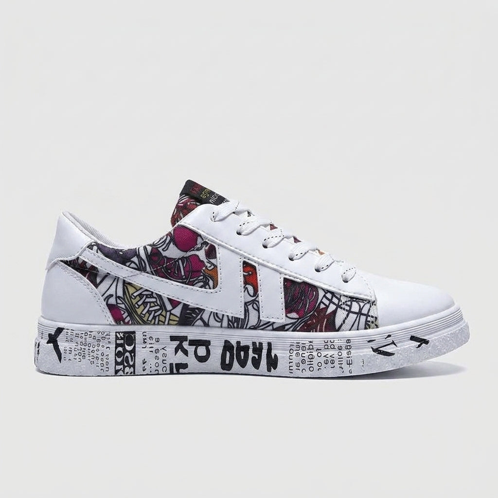 Women's Low-Top Sneakers - Lace-Up - Newspaper Print - Flat Sole