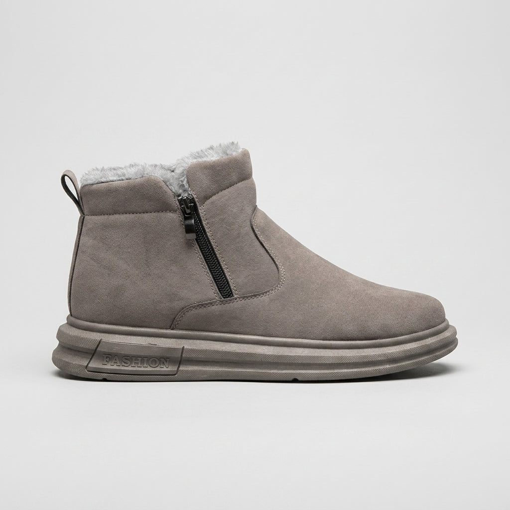 Men's Ankle Boots - Fur-Lined - Side Zip - Rounded Toe - Flat Sole