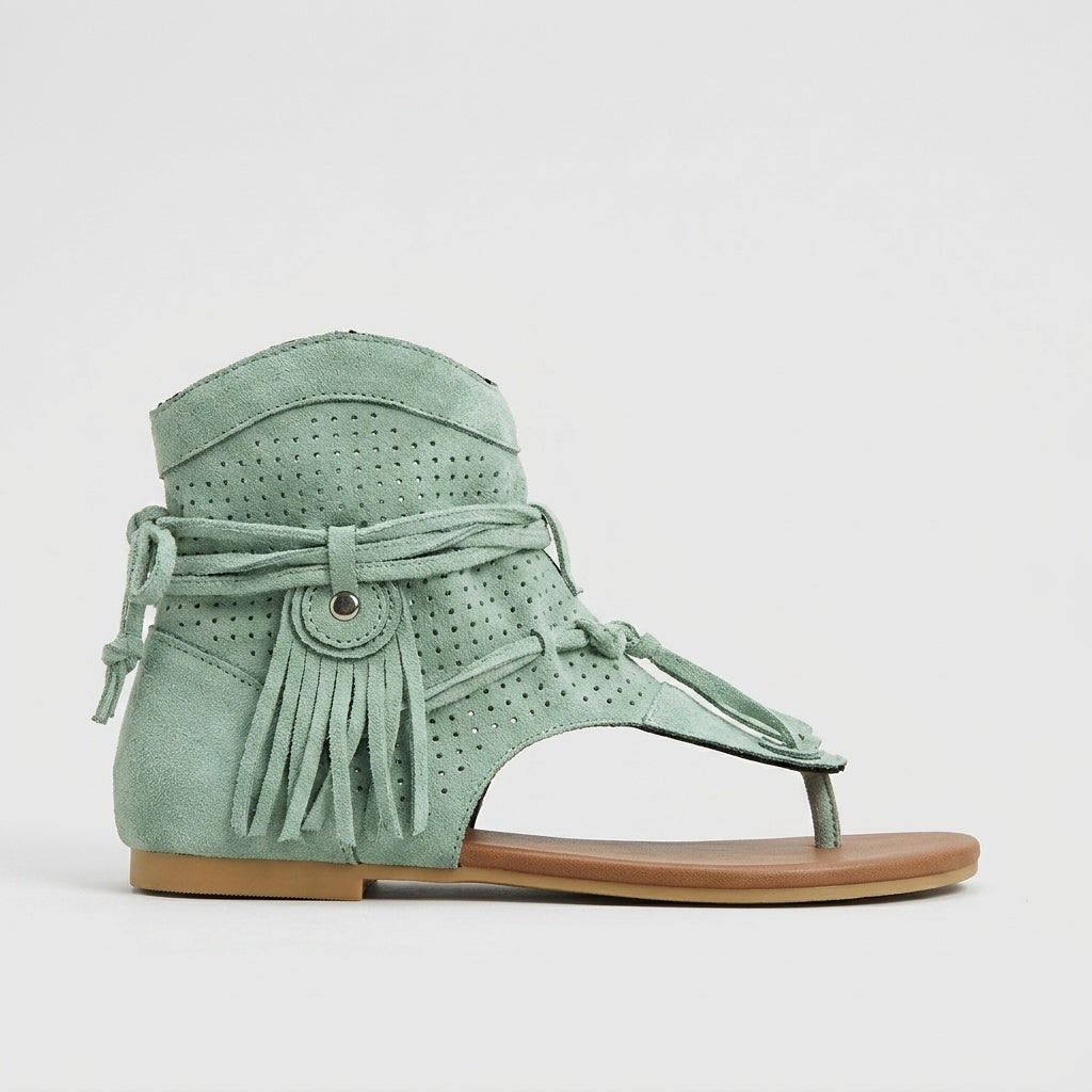 Women's Cowboy Flat Sandals T-Strap Ankle Wrap Fringe Perforated