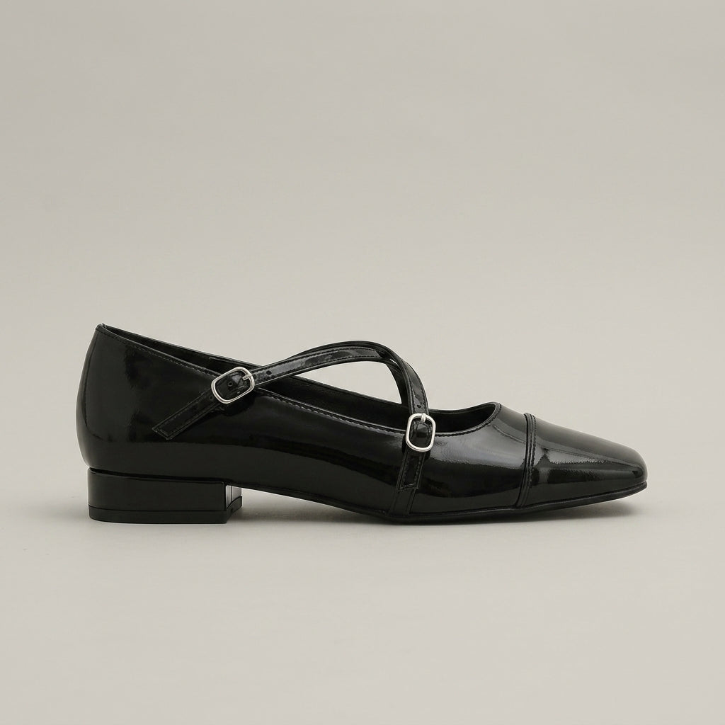 Women's Mary Jane Heels - Cross Strap - Square Toe - Low Block Heel