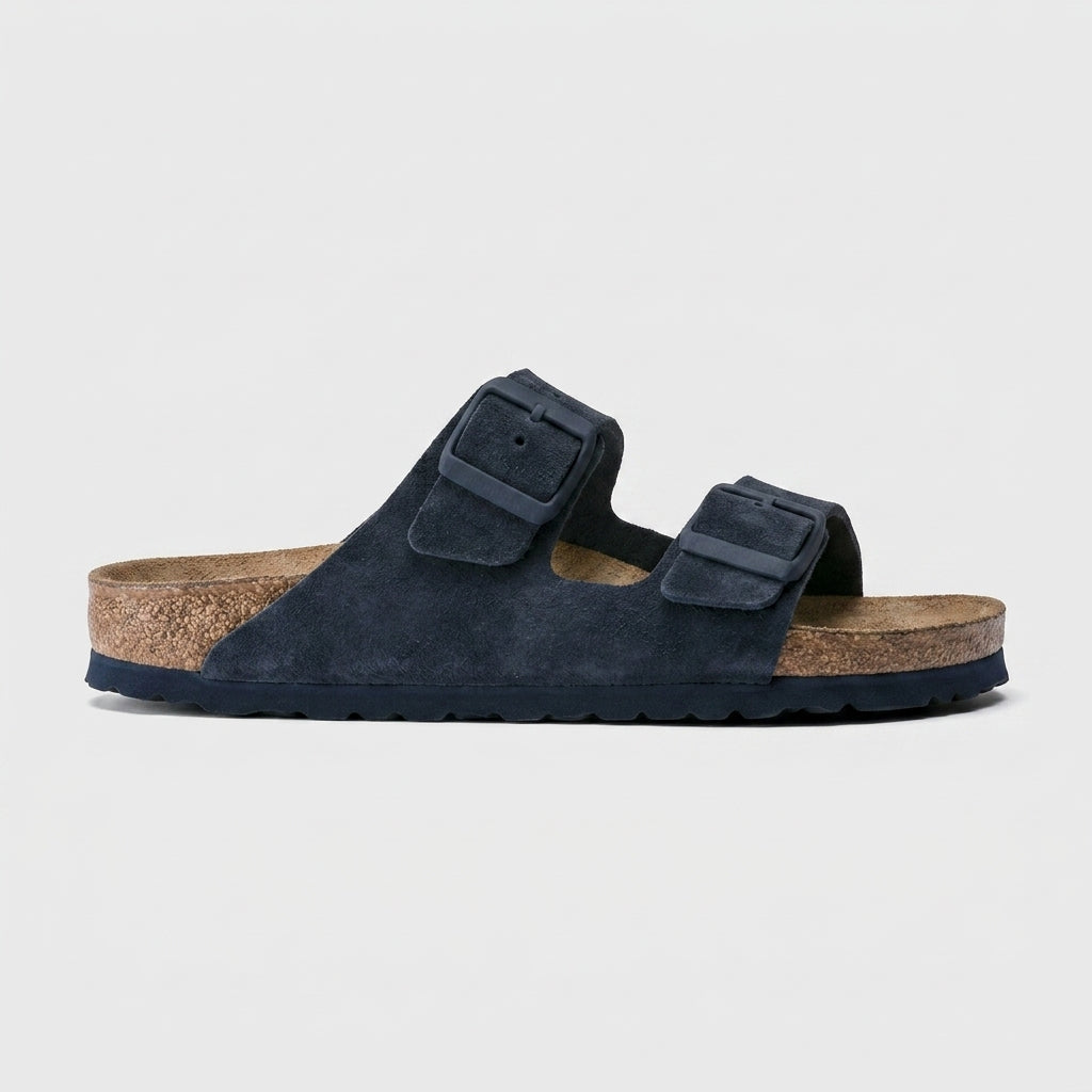 Women's Suede Sandals Cork Footbed - Two Strap Buckle Closure Flat Sole