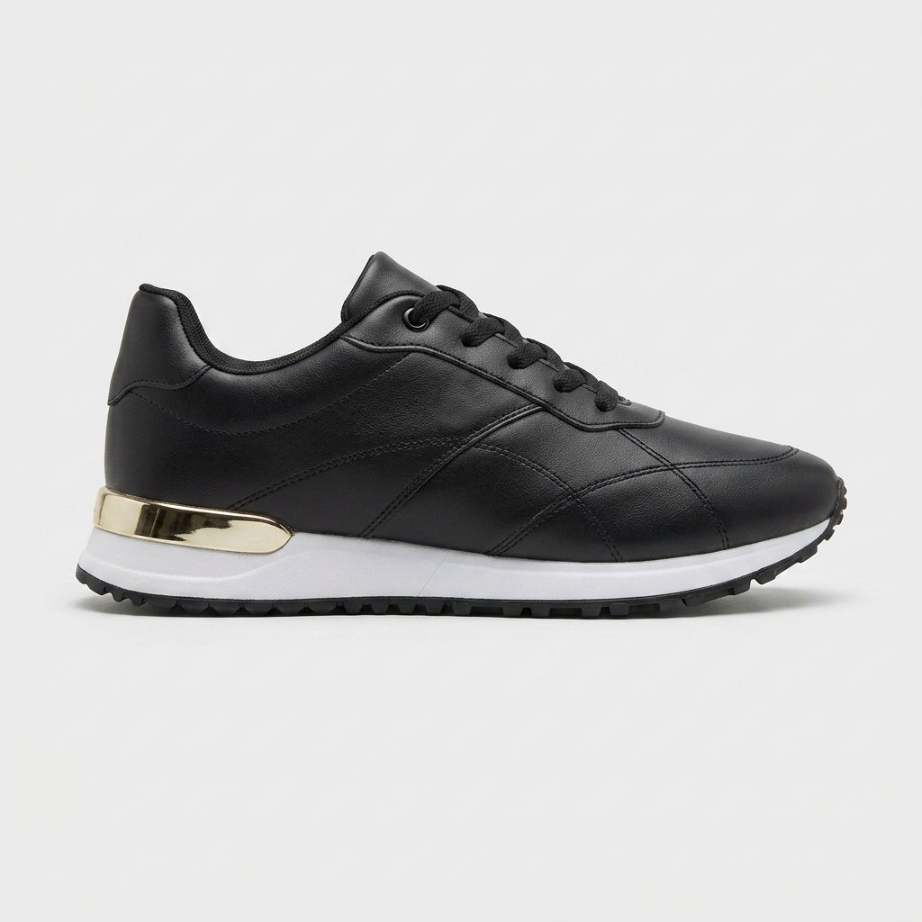 Women's Lace-Up Low-Top Sneakers with Smooth Upper and Metallic Heel Trim