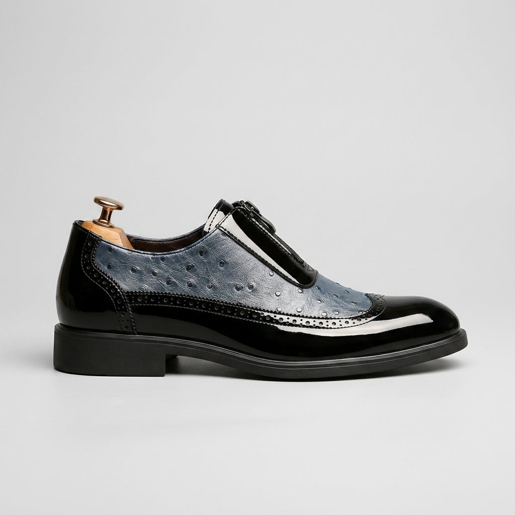 Men's Oxford Wingtip Zipper Closure Ostrich-Embossed Patent Leather