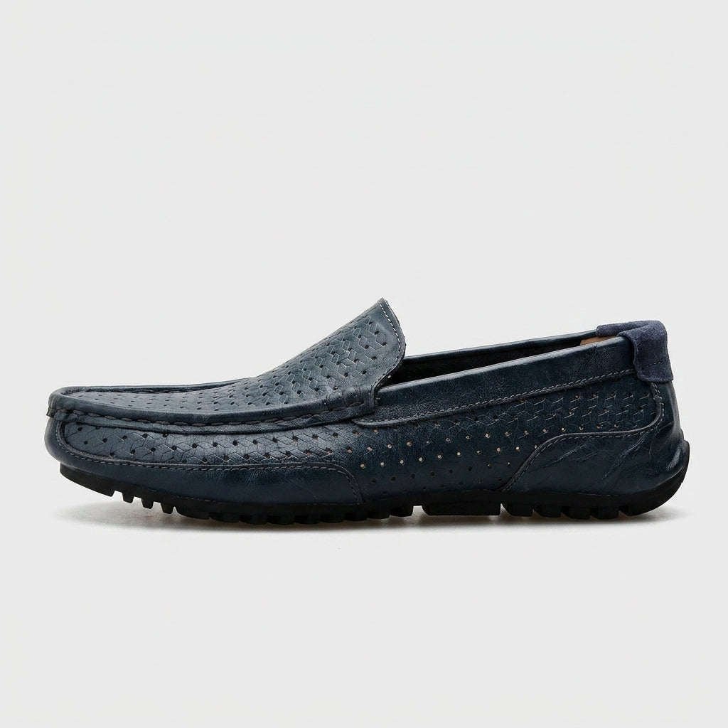 Men’s Leather Slip-On Loafers with Woven Upper and Rounded Toe