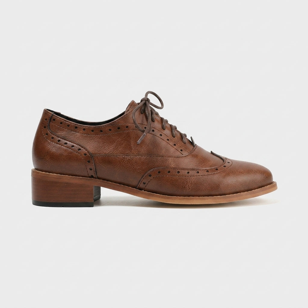 Women's Wingtip Brogue Oxford Shoes with Lace-Up and Low Block Heel