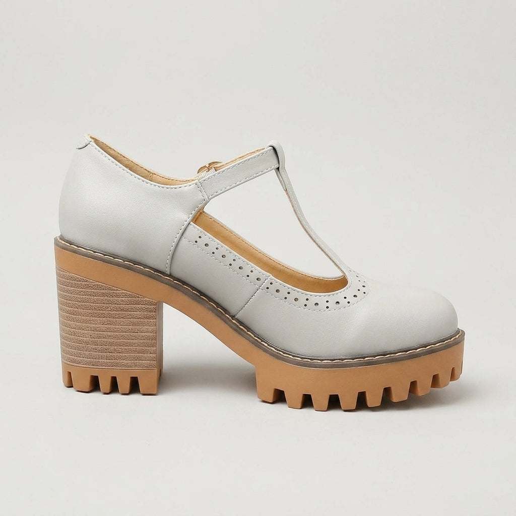 Women's Heels T-Bar Block Heel Brogue Leather Oxford Style